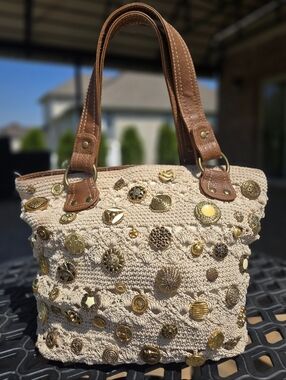 Boho Crochet Tote Bag w/ Gold Button Detail Straw Summer Shoulder Bag